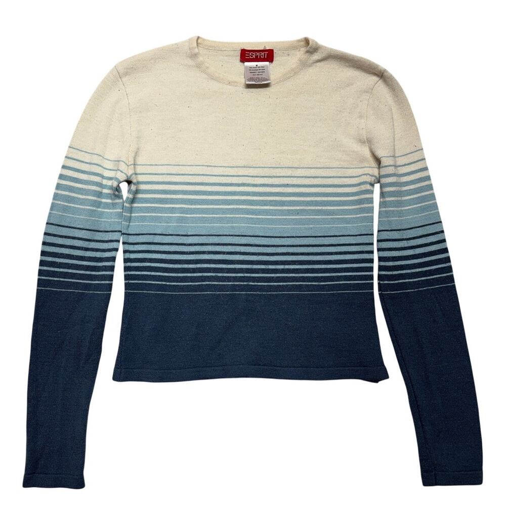Vintage 90's Esprit Cropped Sweater Womens Medium Blue/Cream Stripes Wool Blend